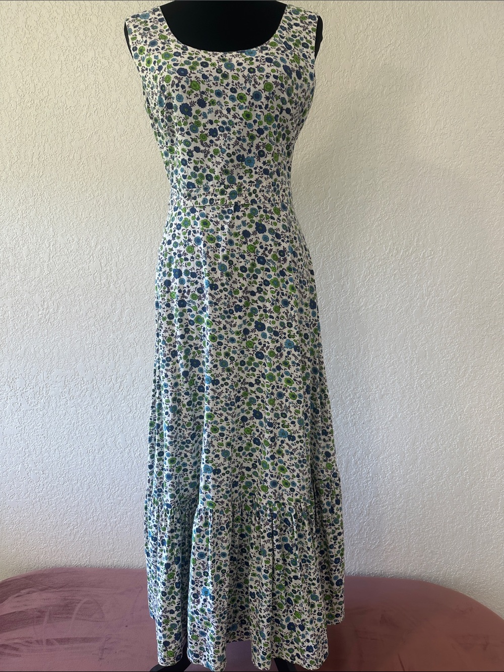 Handmade Sleeveless Blue & Green Floral Country Maxi Dress